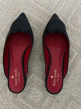 kate spade Black Pointed-Toe Quilted Heart Flats with Red Insole